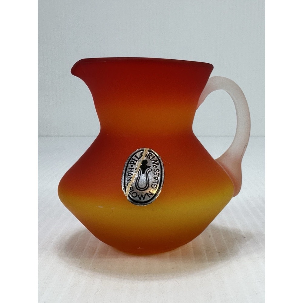 Vintage Pilgrim Art Glass Frosted Mini Pitcher Handle Orange‎ Red Yellow 3.5in